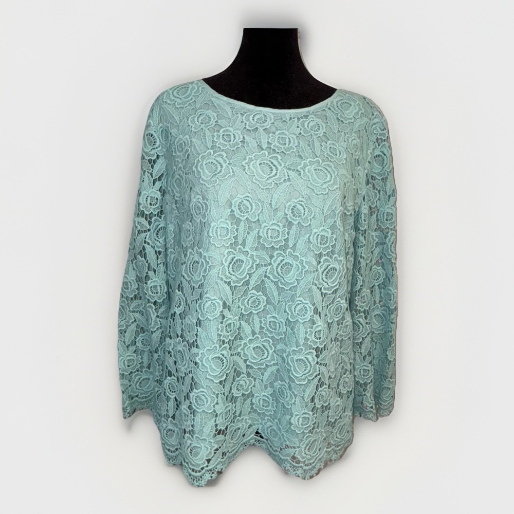 Talbots Green Lace Shirt Top‎ Lined Side Zip Boat Neck 3/4 Sleeves size 10